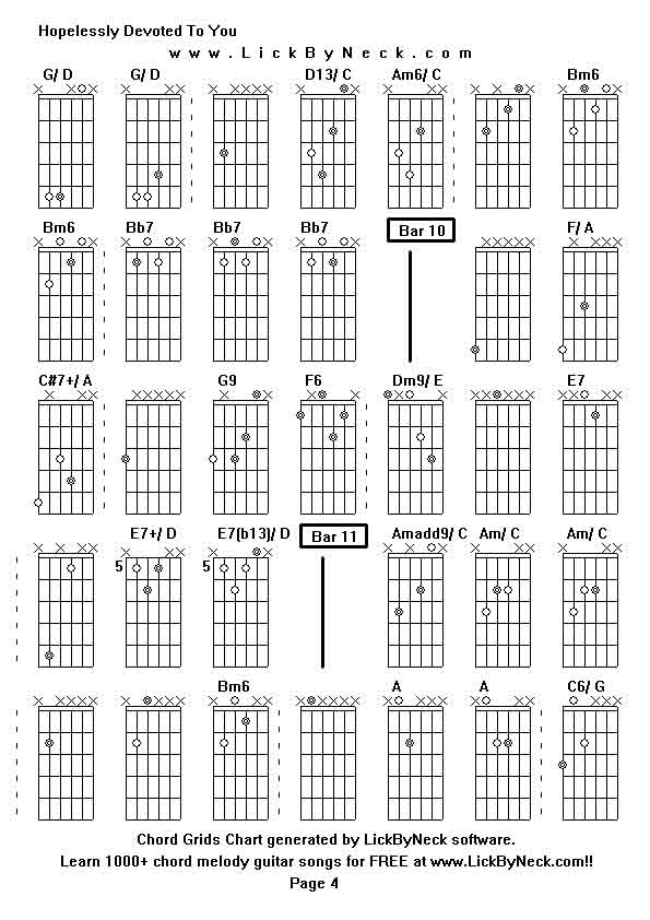 Chord Grids Chart of chord melody fingerstyle guitar song-Hopelessly Devoted To You,generated by LickByNeck software.